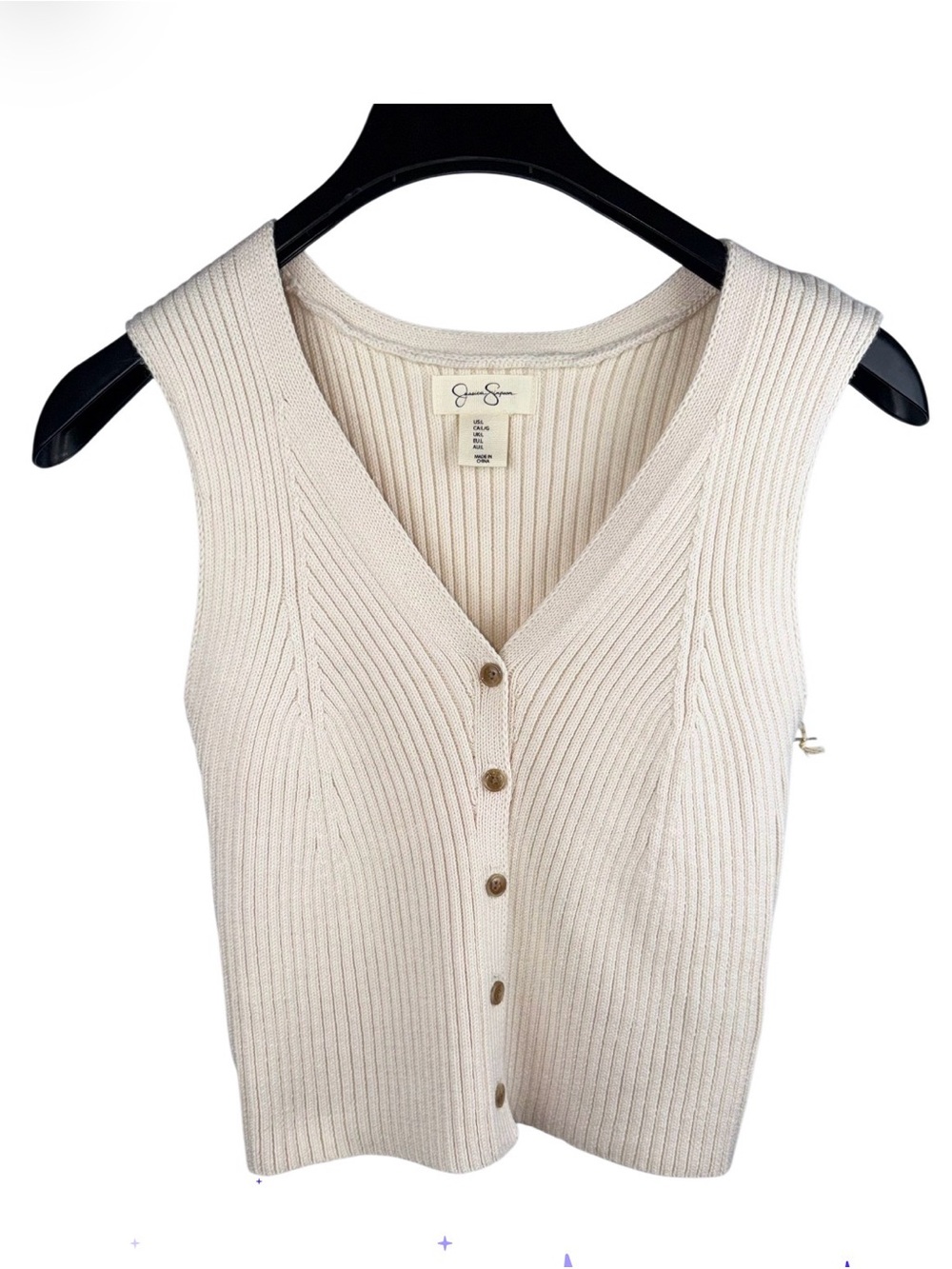 Jessica Simpson Cream Ribbed V-Neck Button Tank - Picture 2 of 6